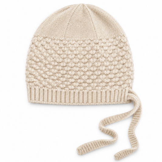 Cream ribbed cashmere bonnet hat with tie fastenings